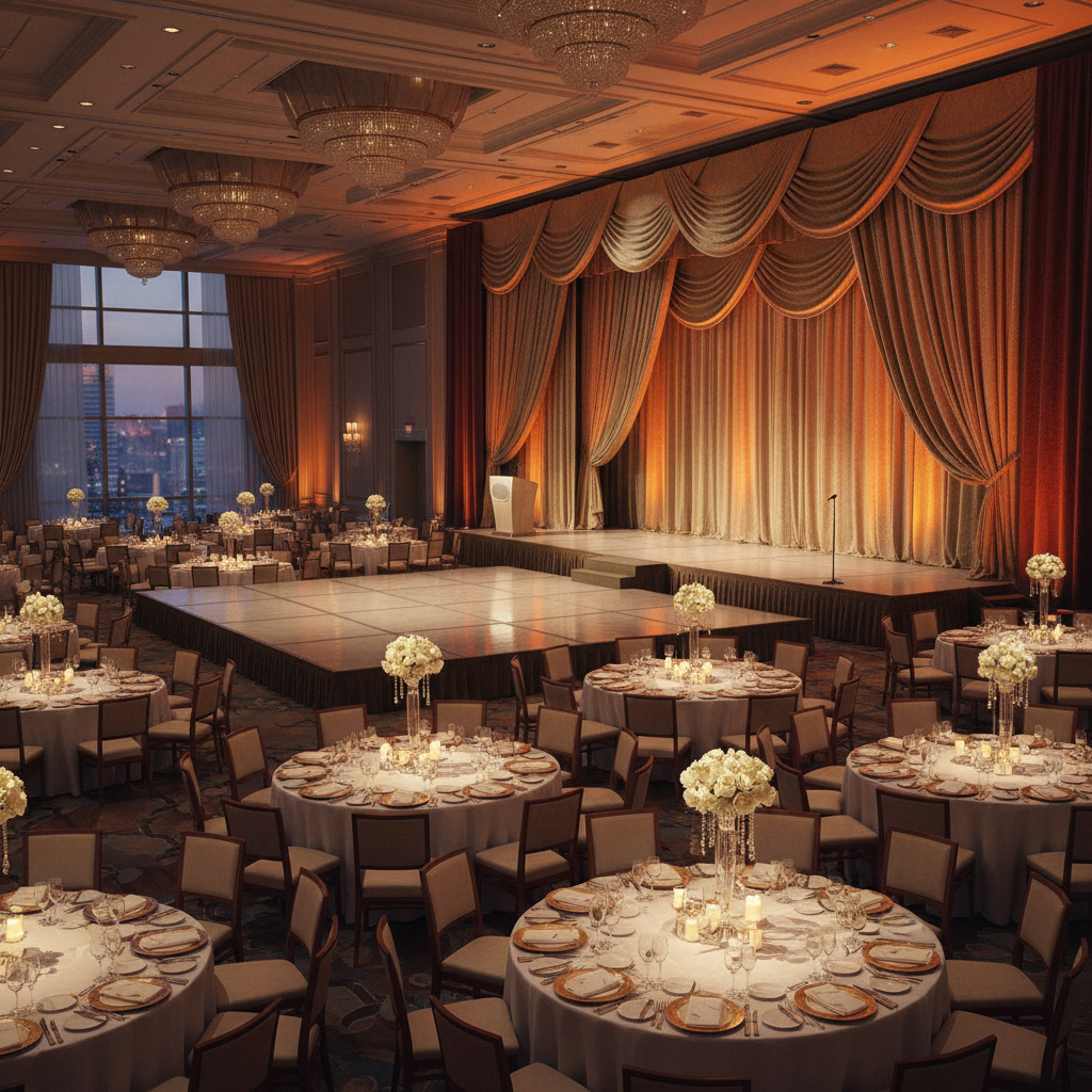 Corporate gala setup with warm lighting