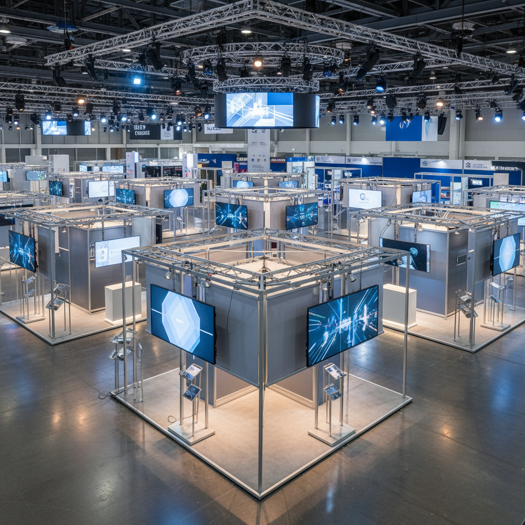 Trade show floor with modular booths and AV displays
