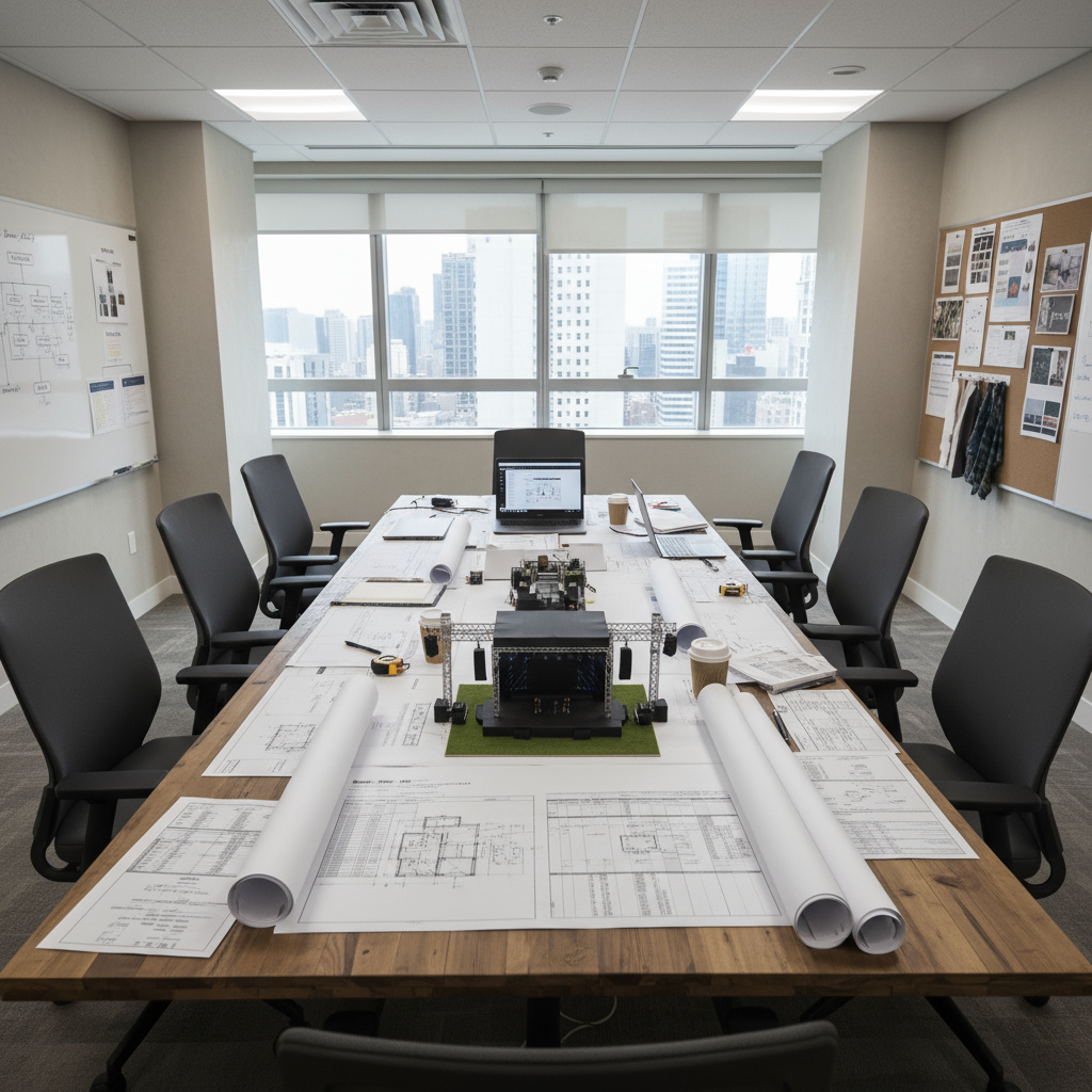 Production team planning with schedules and drawings