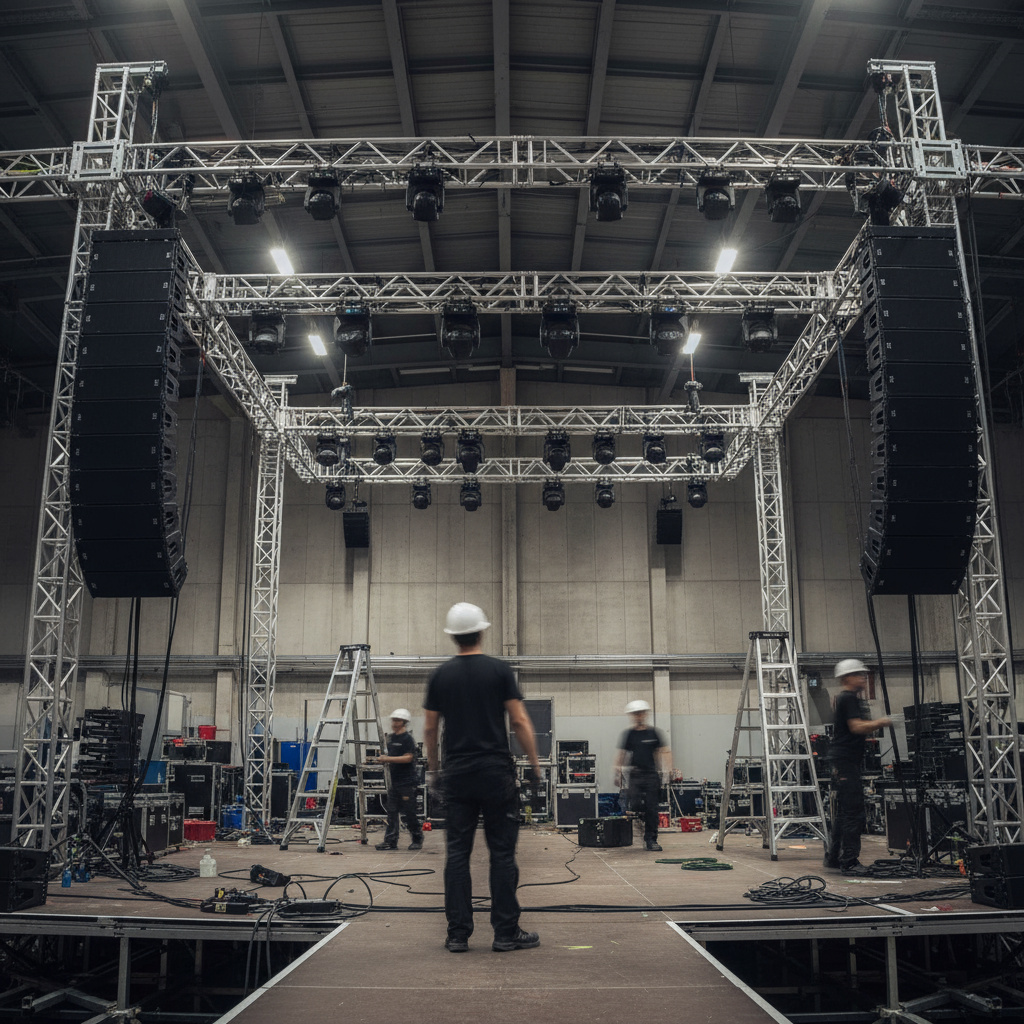 Technicians setting up stage AV and lighting